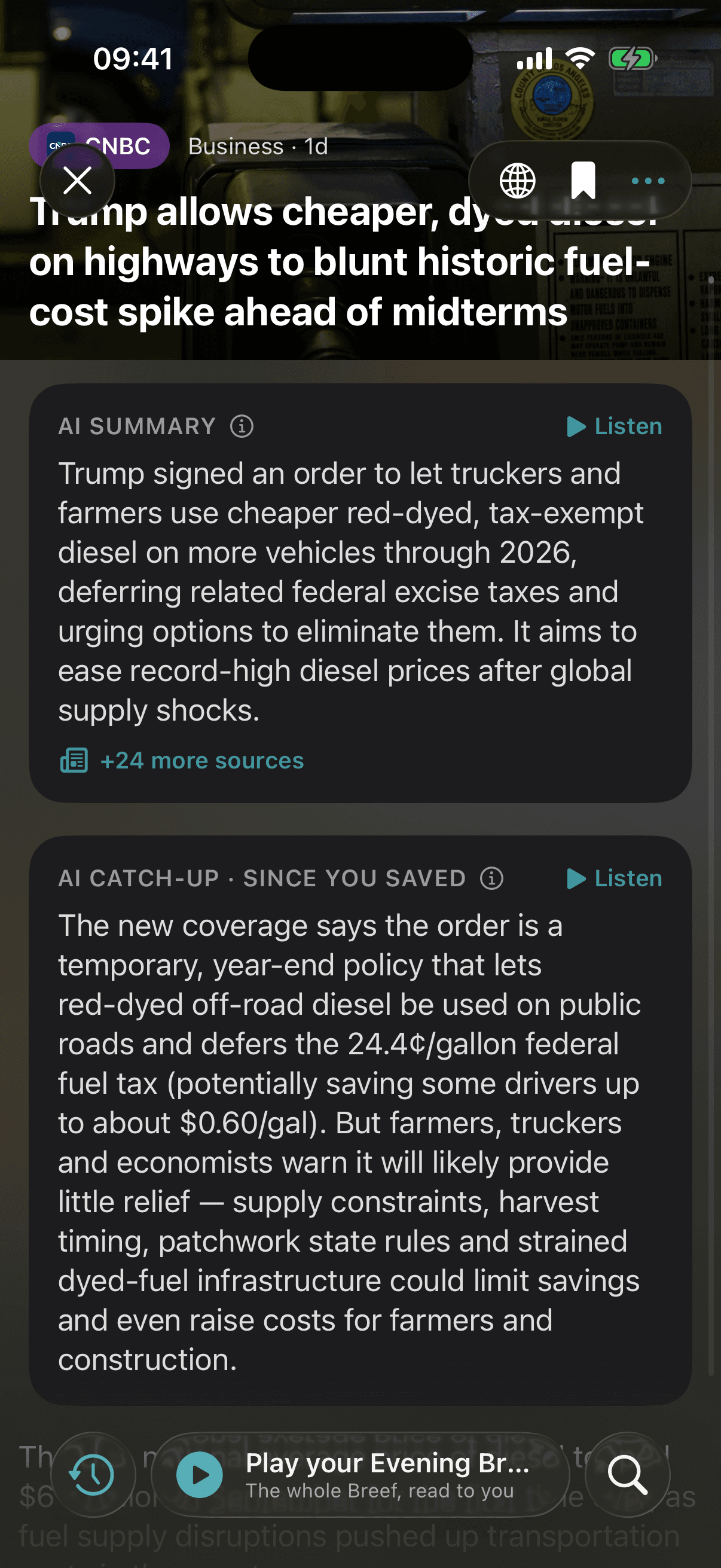 An AI summary above a CNBC story, with 24 more sources