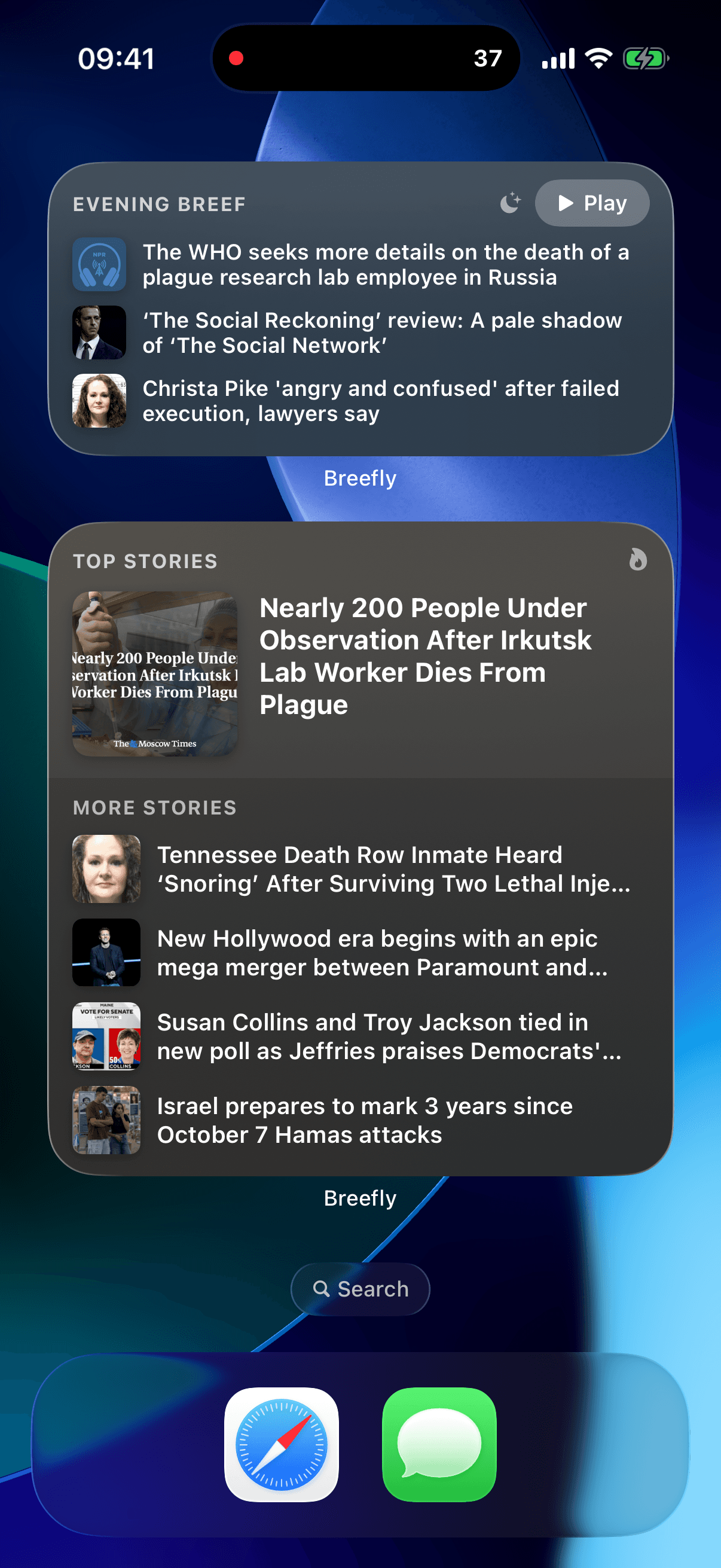 The Evening Breef widget, with a Play button