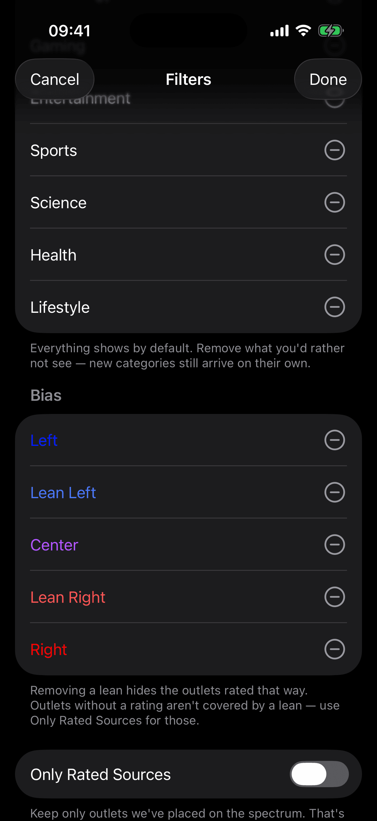 Bias filters, Left through Right, each with a remove button