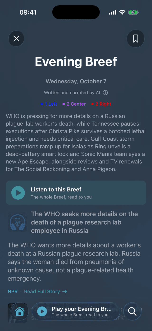 The Evening Breef: its lean tally, the day in a paragraph, a Listen button, and the first story