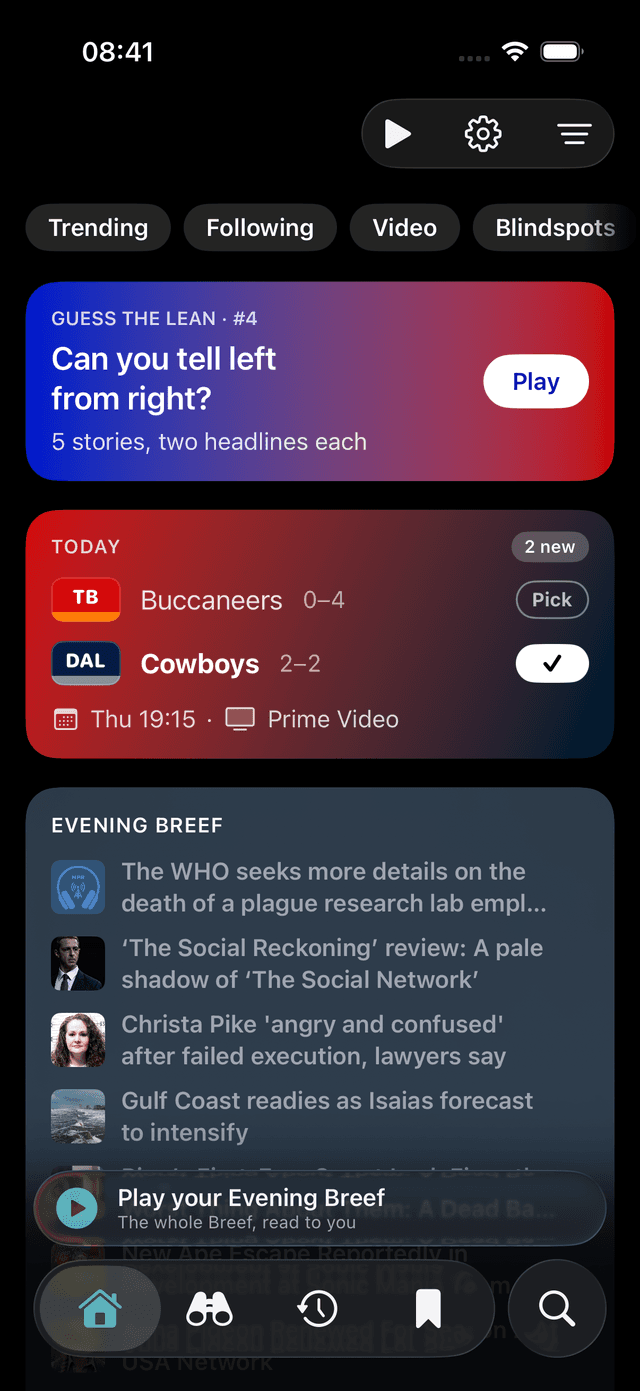The feed: Trending, Following, Video, and Blindspots up top, then a game card and the Evening Breef