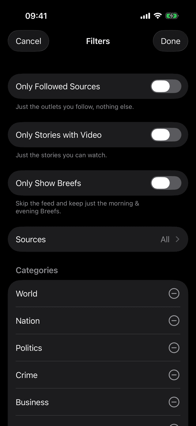 Feed filters: only followed sources, stories with video, or Breefs