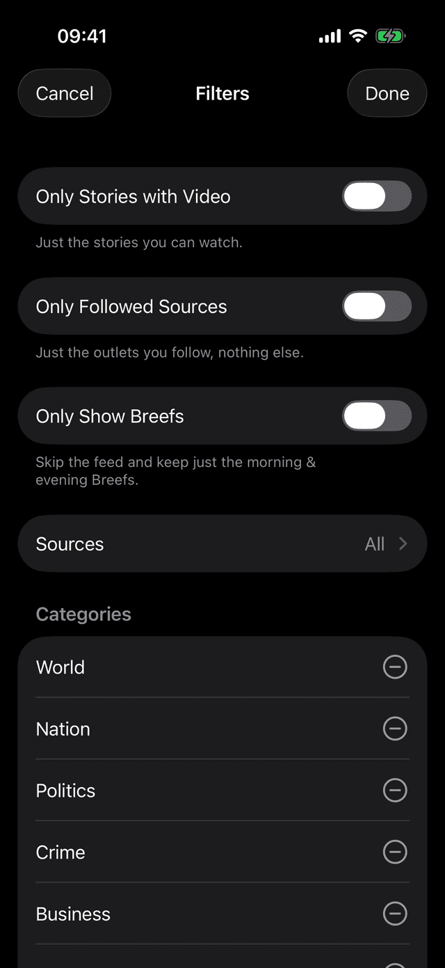 Feed filters: only followed sources, stories with video, or Breefs