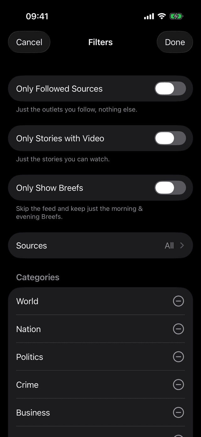 Feed filters: only followed sources, stories with video, or Breefs