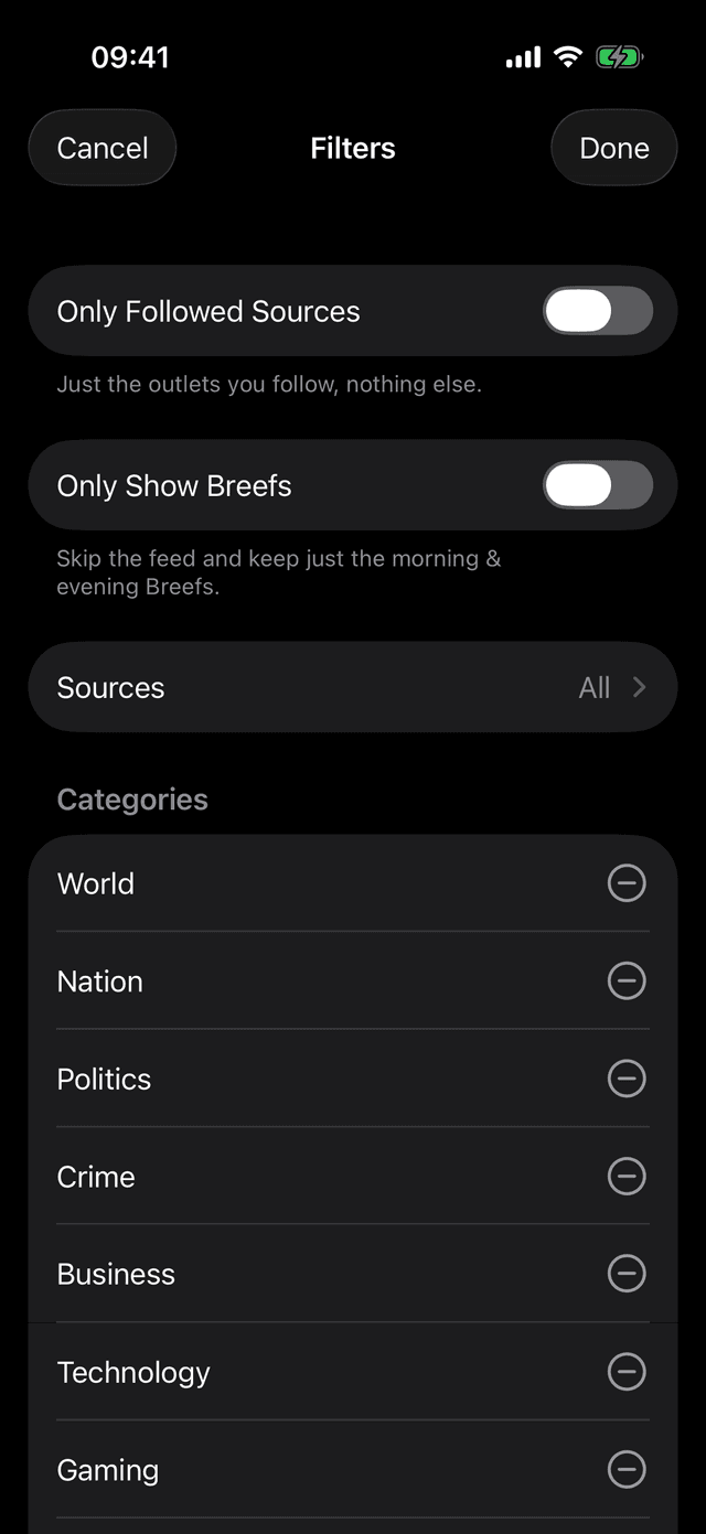 Feed filters: only followed sources, stories with video, or Breefs
