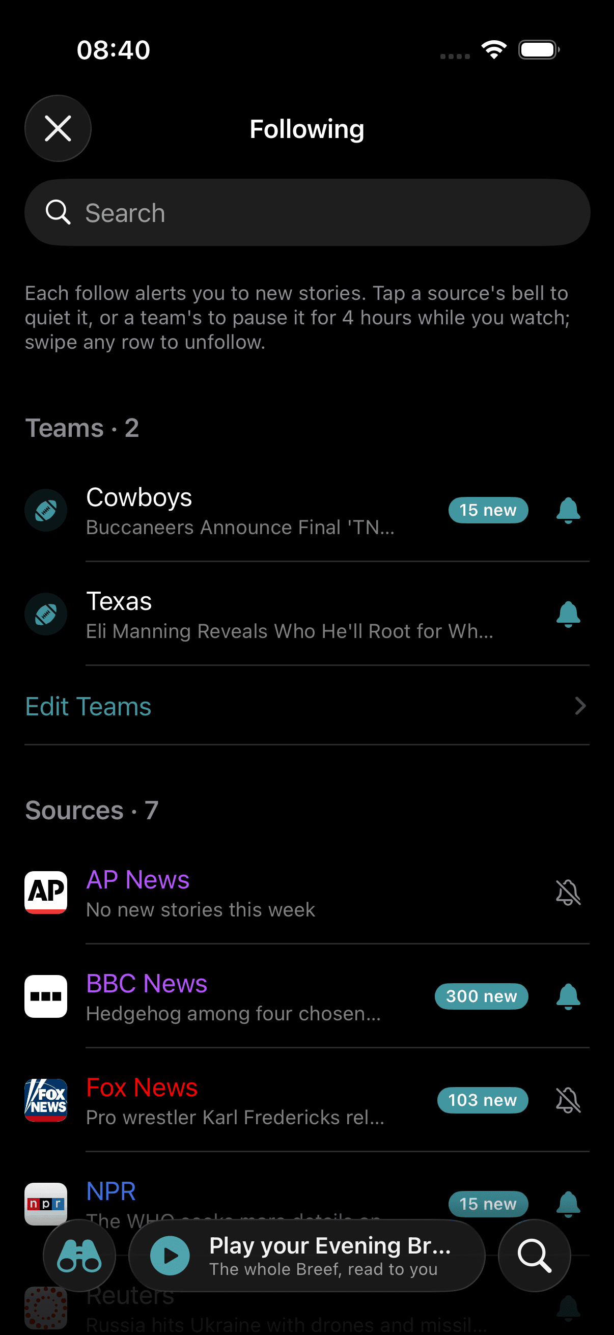 Followed teams: the Cowboys with 15 new stories, and Texas