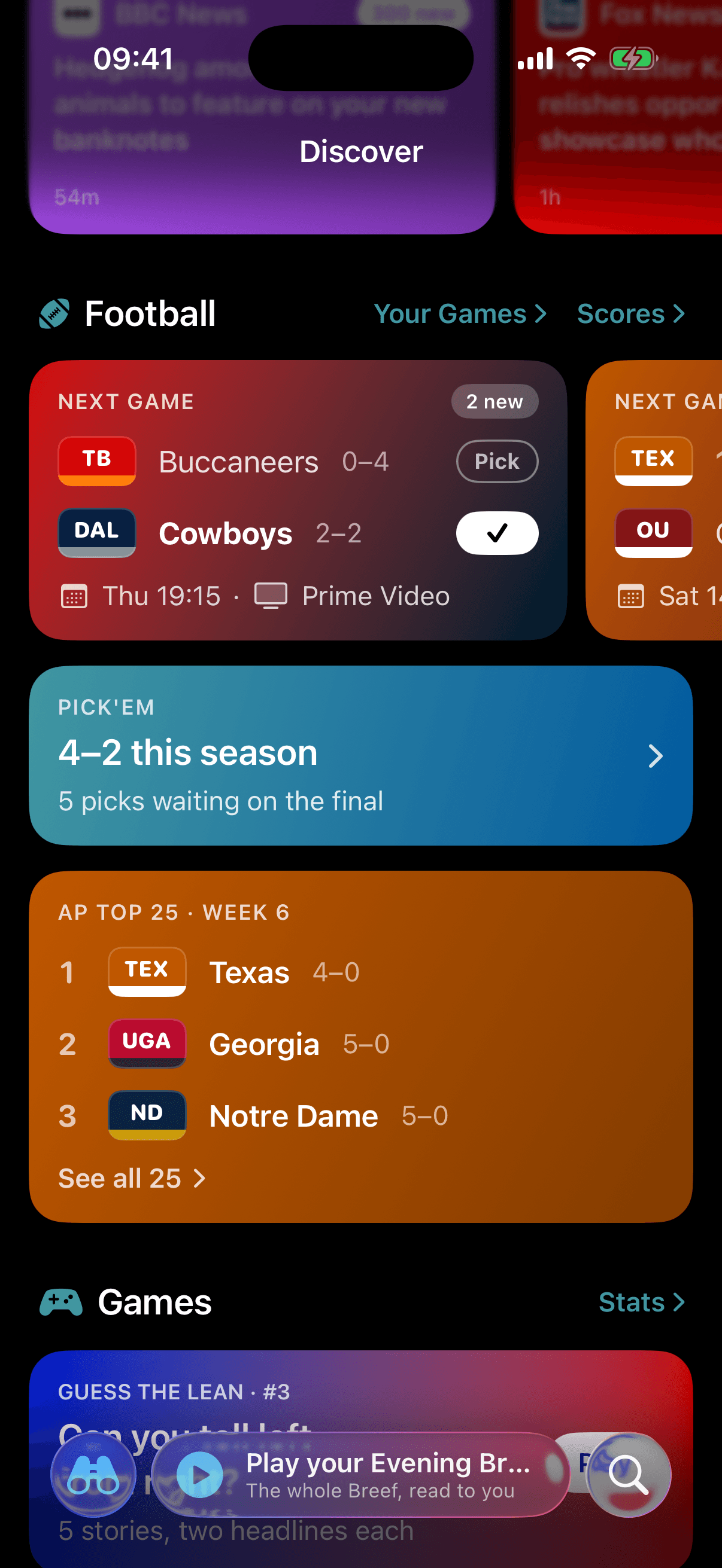 Discover's Football section: next games, pick'em, and the Top 25