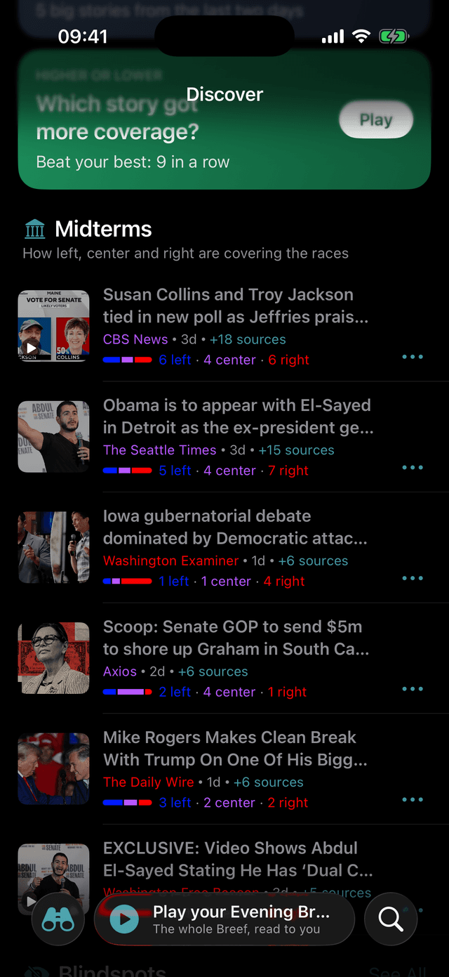 Discover's Midterms section: each race story with who broke it and its left, center, and right outlets