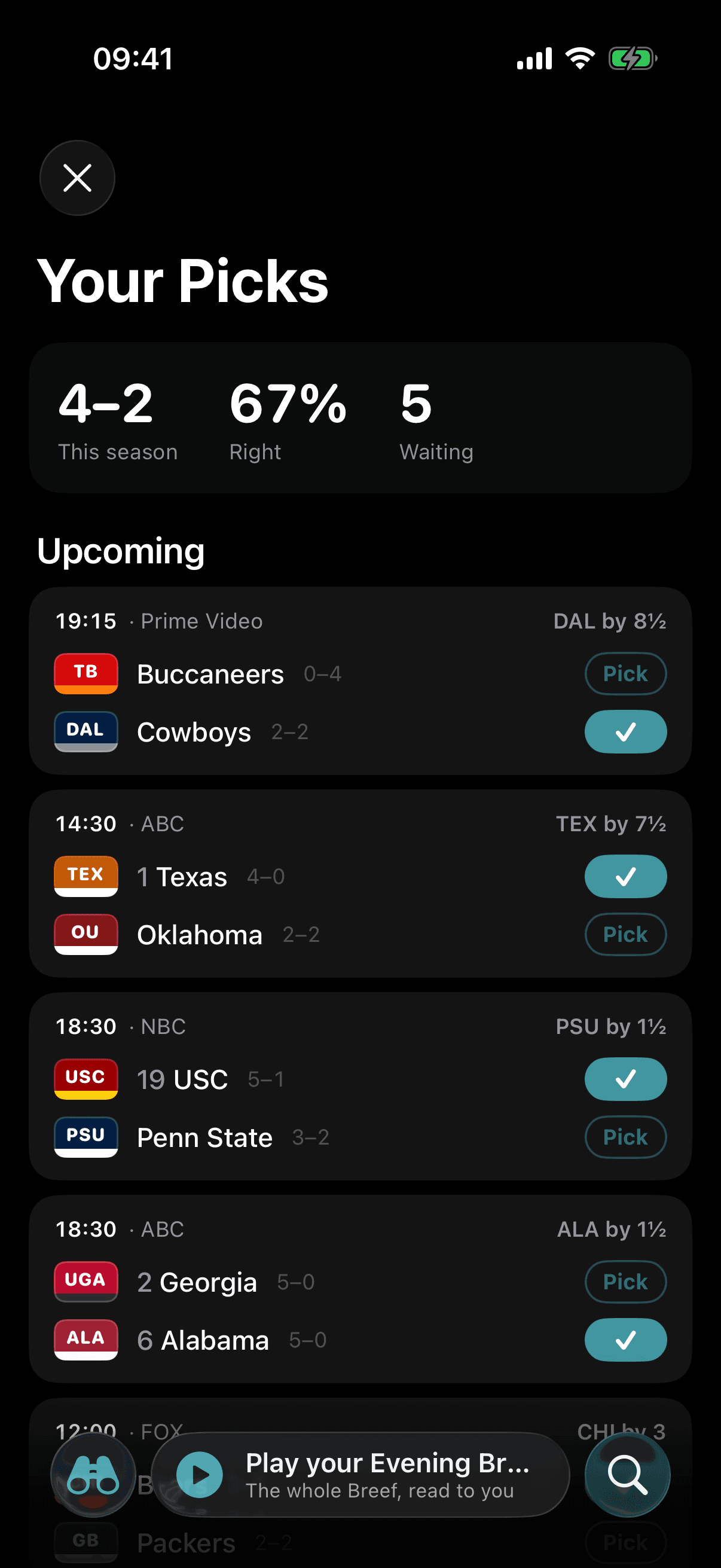 Your Picks: 4–2 this season, 67% right, 5 waiting