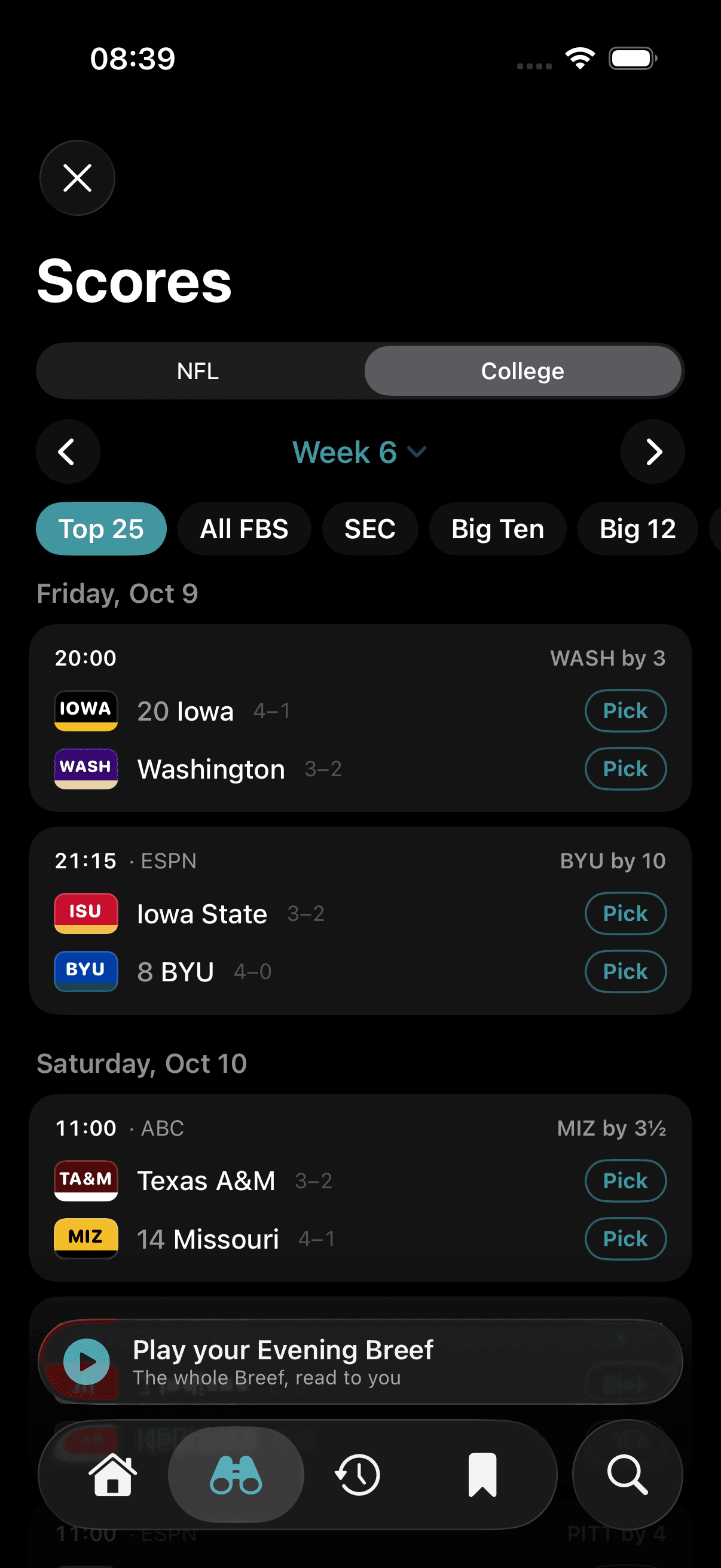College scores for the week, Top 25 first, with the line