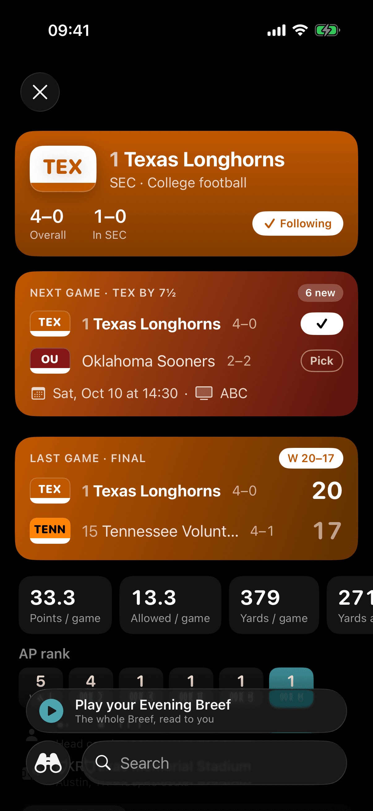 A team page: record, next game, last game, and stats